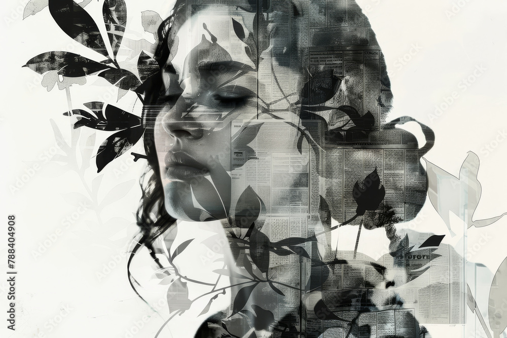 Fototapeta premium Black and White Artistic Portrait of Woman with Nature Overlays