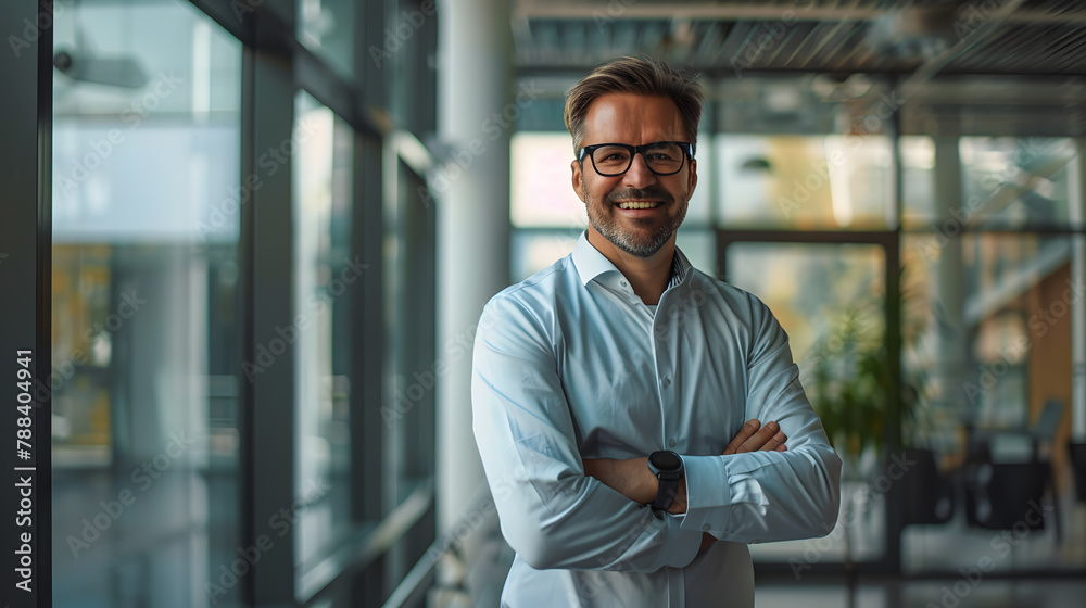 European white business man portrait with smiling face and in confident gesture