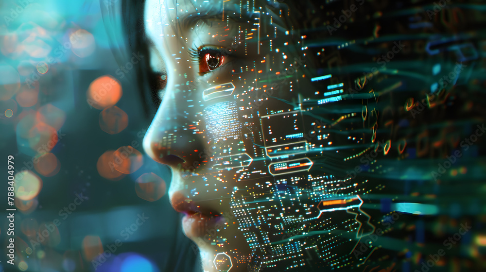 Woman face with matrix digital numbers artifical intelligence ai theme with human face Woman face with matrix digital numbers artifical intelligence ai theme with human face