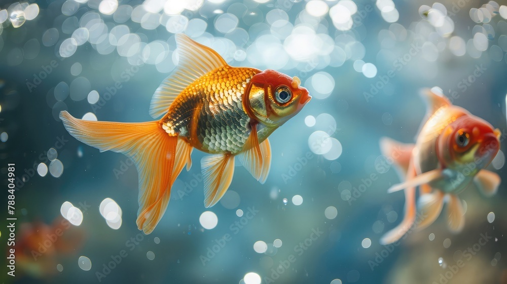 Elegant goldfish swimming gracefully in a clear pond, their shimmering scales catching the sunlight Elegant goldfish swimming gracefully in a clear pond, their shimmering scales catching the sunlight
