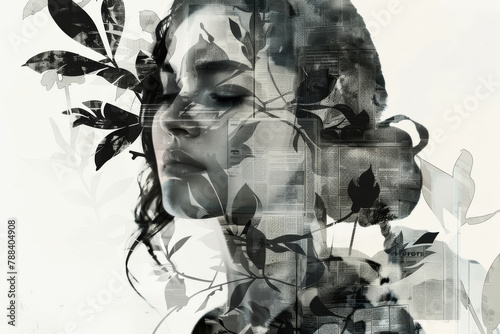 Black and White Artistic Portrait of Woman with Nature Overlays