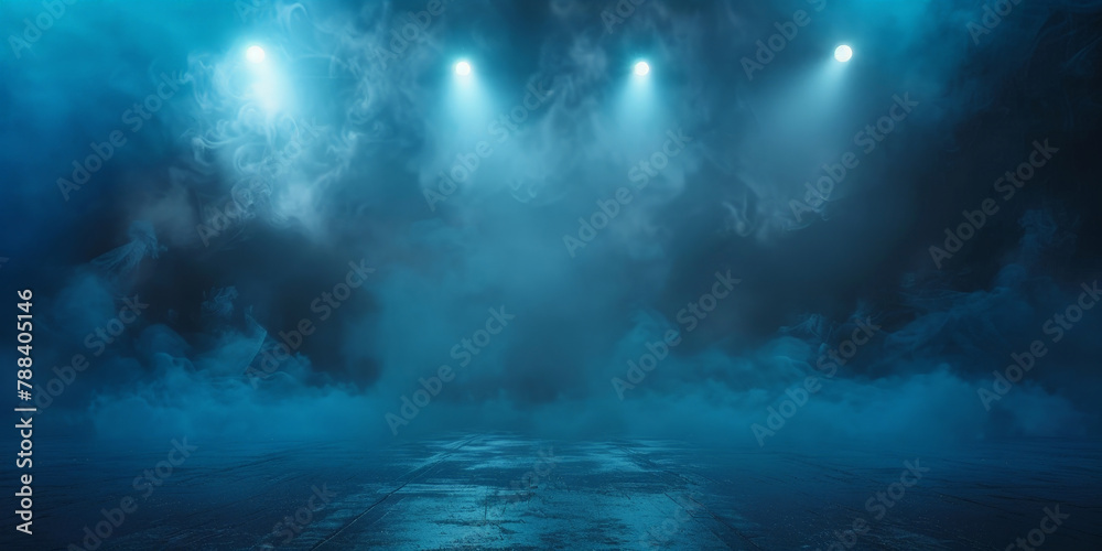 empty dark stage with spotlights , fog and smoke in the air, for opera performance. Stage lighting. Empty stage with bright colors backdrop decoration. Entertainment. empty theater stage with light 	
