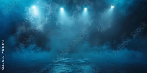 empty dark stage with spotlights , fog and smoke in the air, for opera performance. Stage lighting. Empty stage with bright colors backdrop decoration. Entertainment. empty theater stage with light 