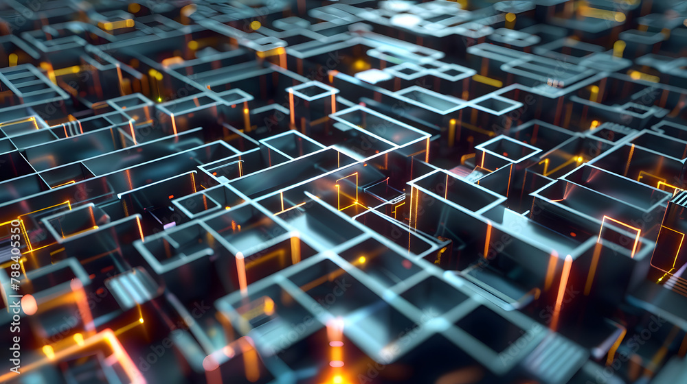 Top view of a 3D rendered maze of interconnected servers and digital nodes Top view of a 3D rendered maze of interconnected servers and digital nodes