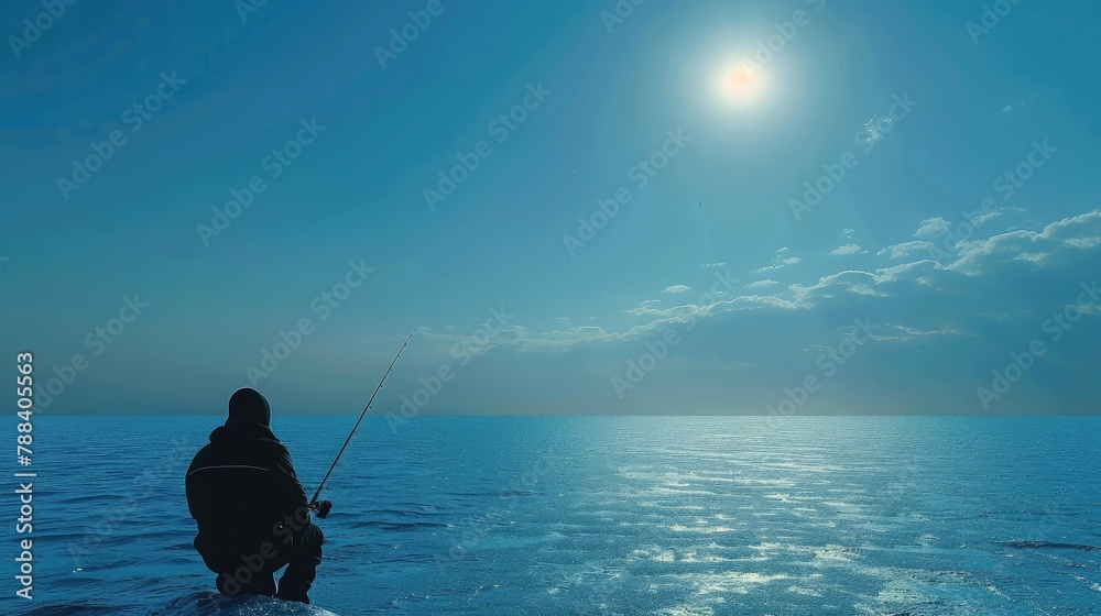 fisherman patiently waiting with a fishing rod in hand, surrounded by the vast expanse of the open sea fisherman patiently waiting with a fishing rod in hand, surrounded by the vast expanse of the open sea