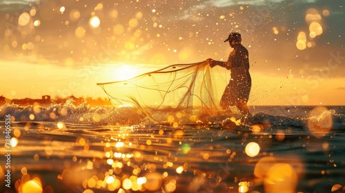 fisherman casting a net into the sparkling ocean waters, silhouetted against the morning sun