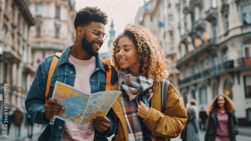 Young couple navigating through a bustling European city with a map in hand