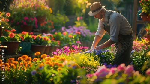 gardener admiring a blooming flowerbed, basking in the beauty of nature and the rewarding results of diligent care and attention. © buraratn