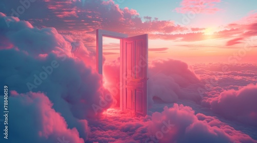 Surreal floating door in the sky at sunset