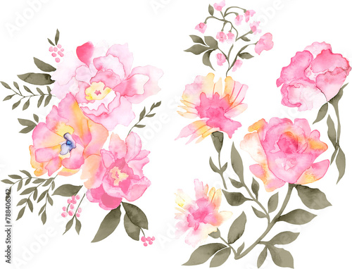 Watercolor Bouquet of flowers  isolated  white background  pink roses and green leaves