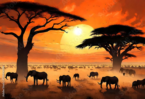 elephants at sunset