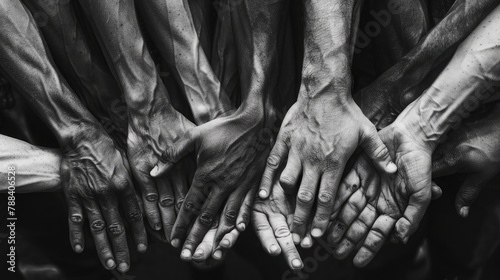 Hands of workers joining in unity, symbolizing solidarity and empowerment on International Workers' Day.