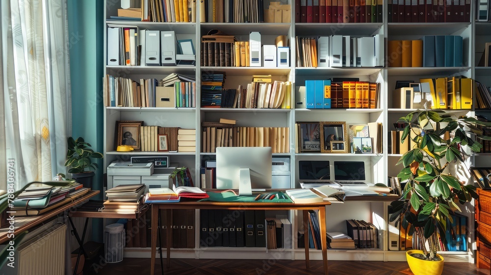 home workspace with shelves filled with books and files, reflecting an organized approach to remote work home workspace with shelves filled with books and files, reflecting an organized approach to remote work