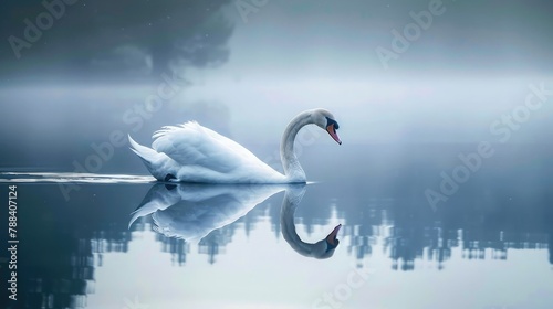 majestic swan gracefully gliding across a tranquil lake, its reflection mirrored in the calm waters