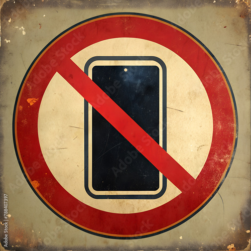 Vintage-style no cell phone sign, a mobile device within a prohibited symbol, weathered and sepia-toned, suitable for messaging about technology boundaries or disconnecting from digital devices