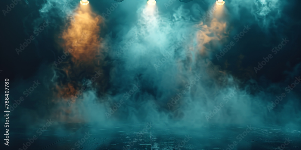 empty dark stage with spotlights , fog and smoke in the air, for opera performance. Stage lighting. Empty stage with bright colors backdrop decoration. Entertainment. empty theater stage with light 	
