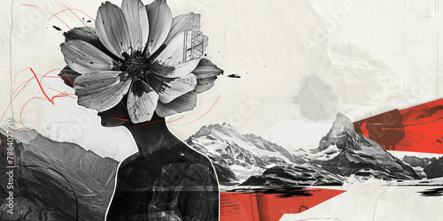 Abstract Human Silhouette Blending with Monochrome Floral and Mountainous Landscape