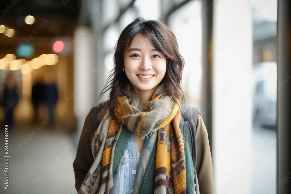 An adorable Asian woman wearing a coat, and a gray scarf is looking at the camera while smiling with a face which is full of cheeriness and liveliness. Generative AI.