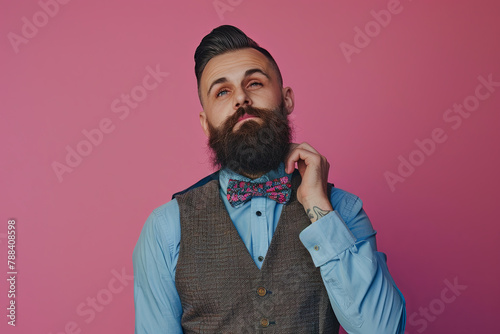 Fashion photo of a bearded man correcting his tie or bowtie. Party, costume wearing, businessman or gentleman concept. Male in vest and shirt correcting his colorful tie. High quality image
 photo