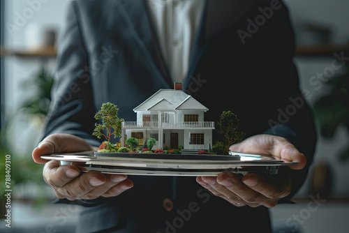 Real estate offer. Businessman holding a silver tray with an artificial model of the house
 photo