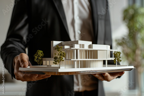 Real estate offer. Businessman holding a silver tray with an artificial model of the house
 photo