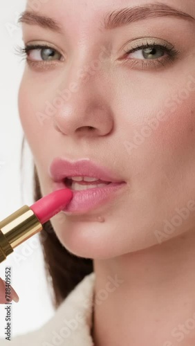 Beautiful stylish woman with makeup in a tweed jacket posing in front of the camera on a white background in the process of applying lipstick to her lips (ID: 788409552)