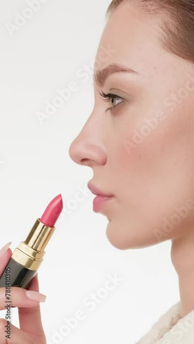 Beautiful stylish woman with makeup in a tweed jacket posing in front of the camera on a white background in the process of applying lipstick to her lips (ID: 788410305)