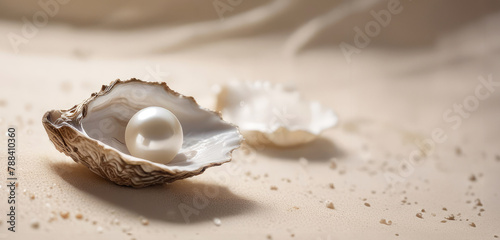 Banner pearl in oyster shell on white sand with space for text, natural light. Concept jewelry, ocean treasures, gemstones, beauty care photo