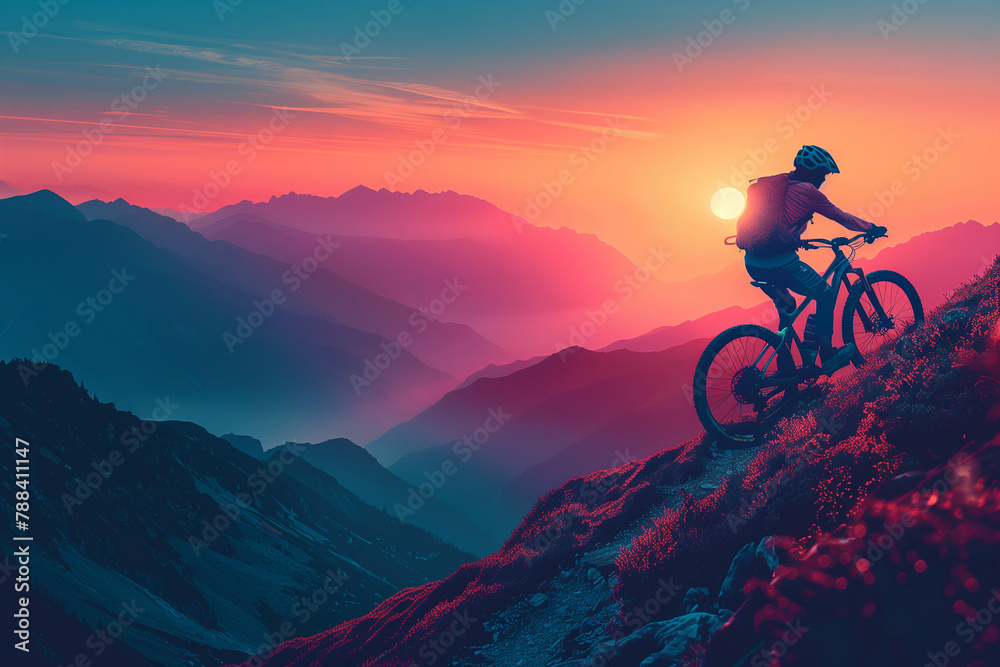 Determined cyclist with protective gear vigorously ascends a rocky mountain trail under a vivid blue sky Determined cyclist with protective gear vigorously ascends a rocky mountain trail under a vivid blue sky