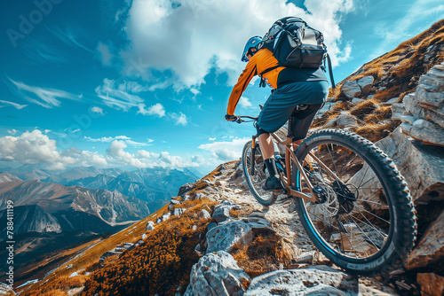 Determined cyclist with protective gear vigorously ascends a rocky mountain trail under a vivid blue sky