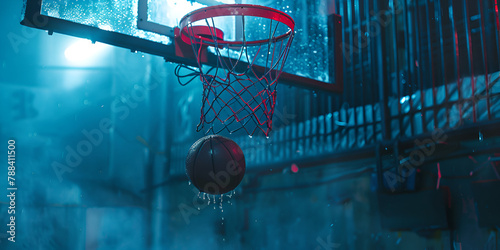 Scoring the winning points at a basketball game Scoring during a basketball game ball in hoop Basketball hoop on the background of a basketball court