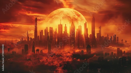 Dystopian city skyline silhouetted against a fiery sunset © Sasint