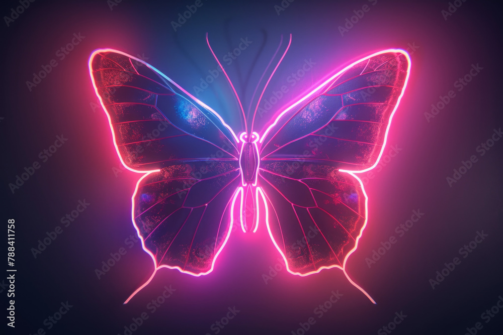 An isolated neon light butterfly on a dark background