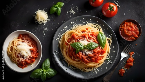 Tasty appetizing classic italian spaghetti pasta with tomato sauce, cheese parmesan and basil on plate on dark table. View from above, horizontal 