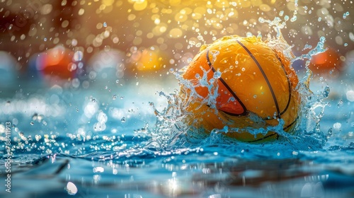 Dynamic Water Polo Ball Impact Captured with Splashing Water and Vivid Colors