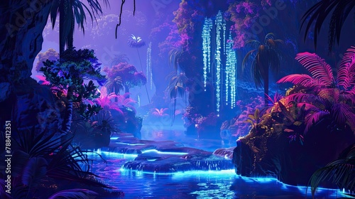 Neon jungle with glowing plants and fluorescent rivers