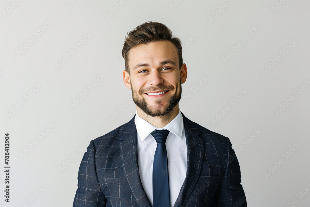 Portrait of handsome caucasian man in formal suit looking at camera smiling with toothy smile isolated in white background. Confident businessman ceo boss freelancer manager Portrait of handsome caucasian man in formal suit looking at camera smiling with toothy smile isolated in white background. Confident businessman ceo boss freelancer manager