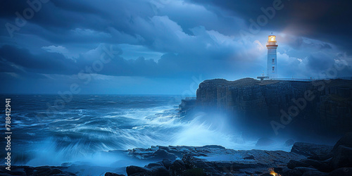 Stormy Sky Lighthouse Perched on Rocky Cliff Overlooking Turbulent Waters
