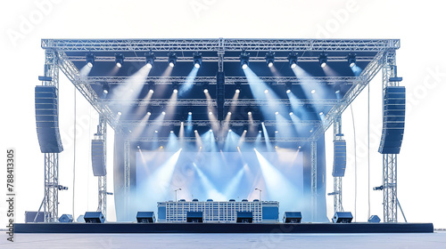 Big outdoor stage rigging truss with light and sound system, blank center screen, all events, concerts, performances, stage design concept