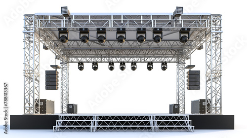 Big outdoor stage rigging truss with light and sound system, blank center screen, all events, concerts, performances, stage design concept photo