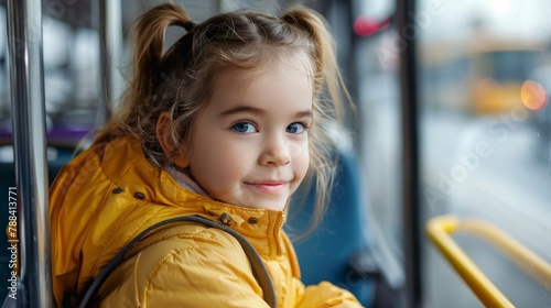 Little girl with blonde hair in pigtails wearing a yellow jacket on a bus