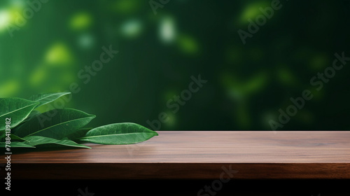 wooden table with leaves for eating with a view of the forest