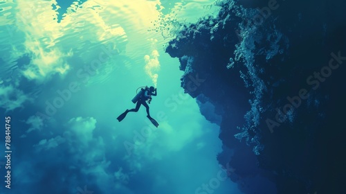 Scuba divers peering over the edge of a steep cliff into the endless depths of the ocean