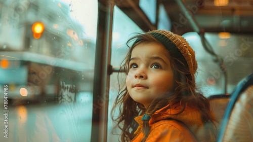 A little girl looking out the window of a bus photo