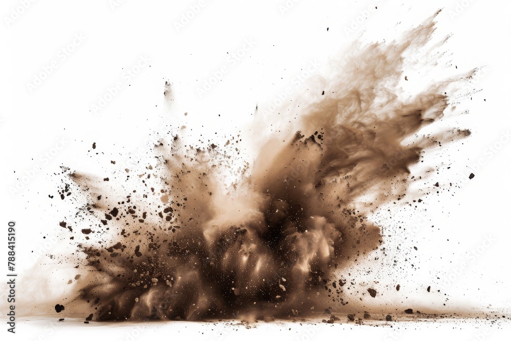 brown Dry soil explosion isolated on a white background. Abstract dust explosion, cutout, cut out, cut-out brown Dry soil explosion isolated on a white background. Abstract dust explosion, cutout, cut out, cut-out