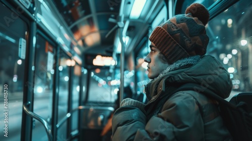 A young man rides the bus home, lost in thought, looking out the window.