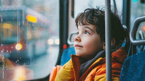 A boy looks out the window of a bus.