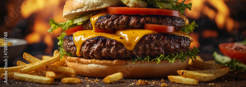 A juicy and delicious hamburger cooked over a wood fire. Ready to be eaten with french fries and other toppings.