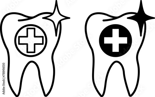 Dental Care Icons. Black and White Vector Icons of Tooth and Medical Cross. Dental care and treatment. Medicine and Dentistry Concept