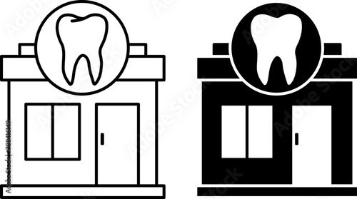 Dental Clinic icons. Black and White Vector Icons of the Dental Office Building. Dentist's Workplace. Medicine Concept